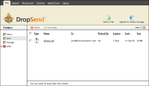 Screenshot of DropSend Sent Folder