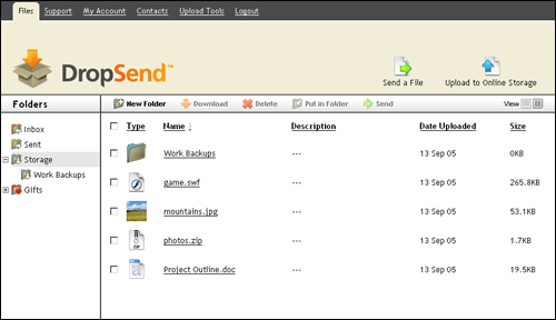 Screenshot of DropSend Online Storage Folder