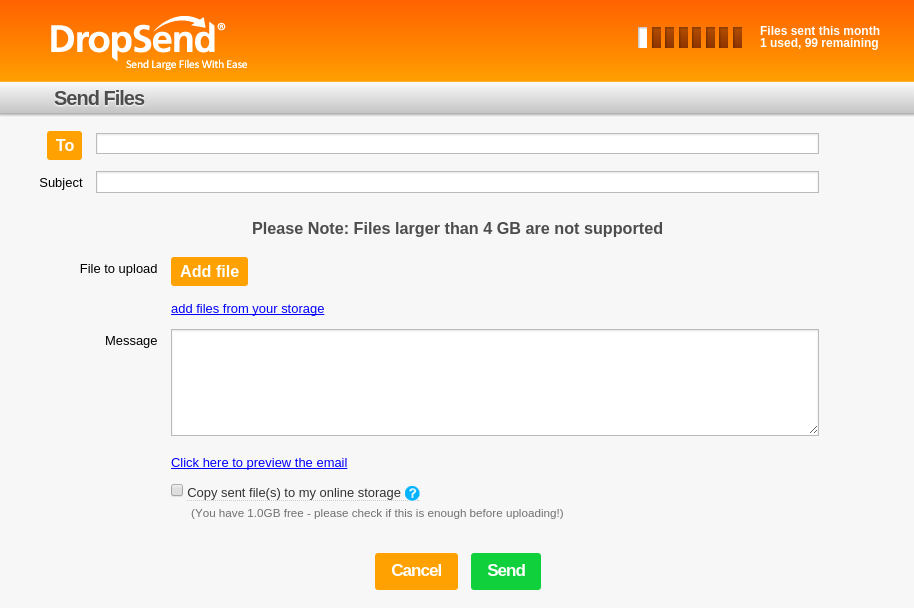 Screenshot of DropSend Send page