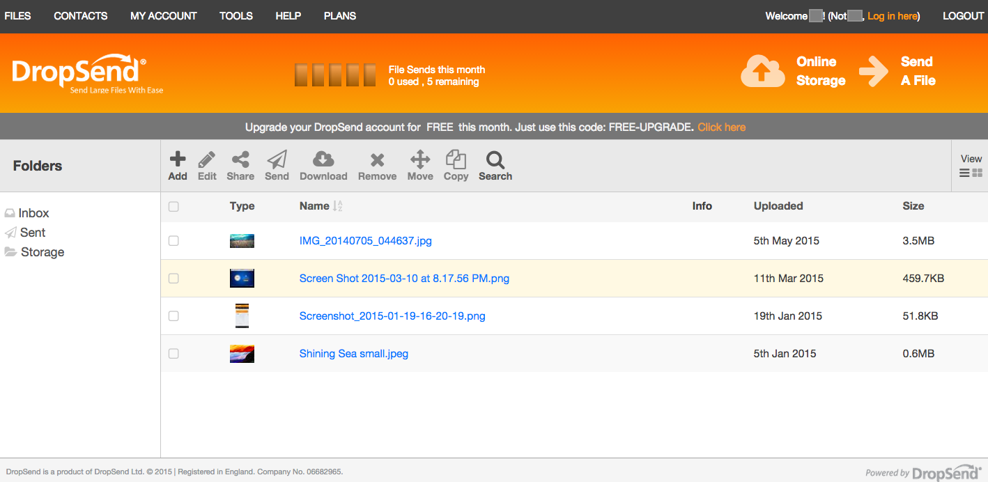 Screenshot of DropSend Online Storage Folder