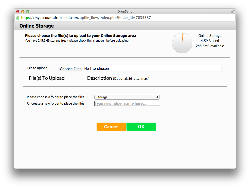 Screenshot of uploading a file to Online Storage